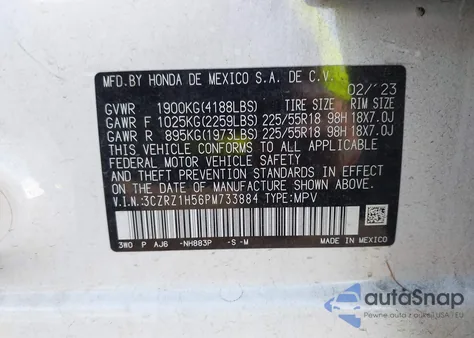 2023 Honda Hr-V 2Wd Sport from USA, damaged, VIN 3CZRZ1H56PM733884
